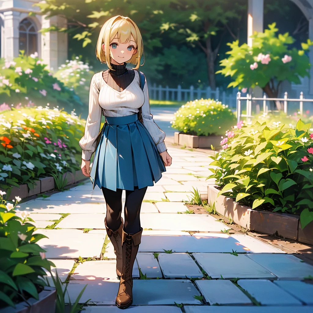 (high quality, High resolution, Very detailed, reality:1.37), Peaceful atmosphere, (Outdoor, garden), Teenage girl standing alone, (my breasts are big.), Beautiful details, Cute Smile, (Blonde Bob Hair), Ribbed sweater, Blue Skirt, Black tights, Brown boots.