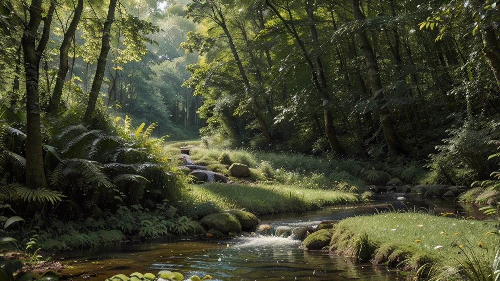 "A peaceful stream meanders through a lush green forest. Tall, leafy trees lean over the water, creating a natural tunnel of foliage. Sunlight filters through the trees, painting the stream bottom with shades of green and gold. In lower right corner, a small clearing with damp grass indicates a possible camp site."