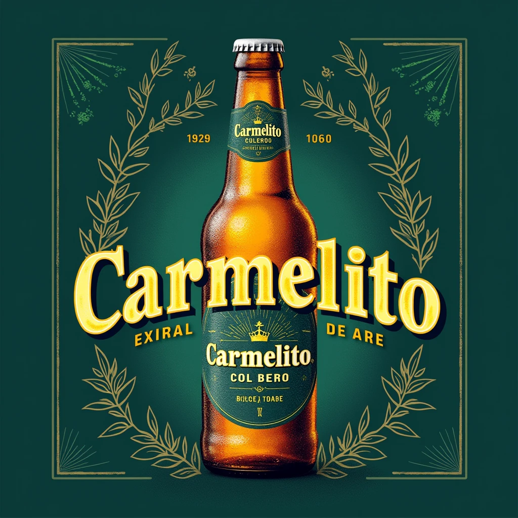 Design a beer label for the brand 'CARMELITO.' The label should feature a greenish-blue background, combining the richness of teal with a slight touch of blue. The brand name 'CARMELITO' should be prominently displayed in bold, elegant typography, with striking yellow accents that highlight key details, such as the logo, borders, or any decorative elements. The overall design should convey a sense of tradition and craftsmanship, with a modern twist that appeals to a young, vibrant audience. Consider incorporating subtle textures or patterns in the background to add depth and character.