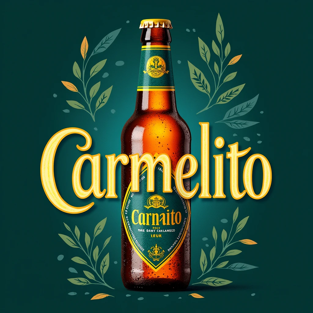 Design a beer label for the brand 'CARMELITO.' The label should feature a greenish-blue background, combining the richness of teal with a slight touch of blue. The brand name 'CARMELITO' should be prominently displayed in bold, elegant typography, with striking yellow accents that highlight key details, such as the logo, borders, or any decorative elements. The overall design should convey a sense of tradition and craftsmanship, with a modern twist that appeals to a young, vibrant audience. Consider incorporating subtle textures or patterns in the background to add depth and character.