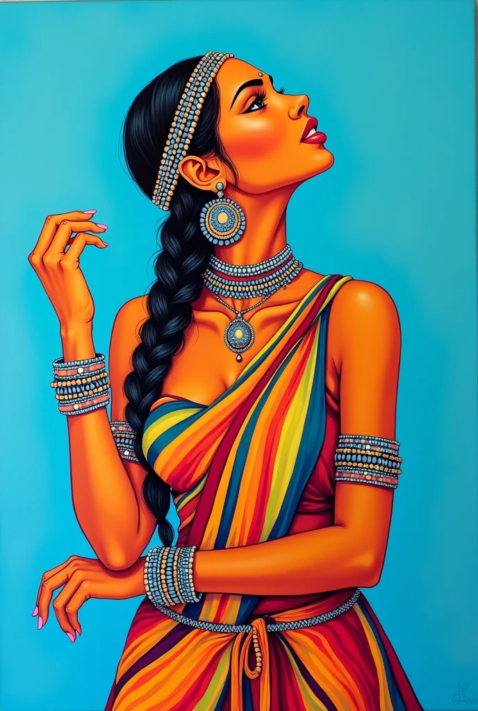 Portrait of a vibrant Indian tribal woman with medium breasts in traditional attire. Colorful painting in a poster color and acrylic colors on a white chart with bold outlines. The woman has dark hair in a braid, adorned with a beaded headband. She wears large ornate earrings, a necklace, and multiple bangles. Her clothing features bright stripes in various colors. The woman's face is tilted upward with an expressive pose, her hand raised gracefully. The background is a solid light blue color. Style: Modern pop art meets traditional Indian folk art, with vivid colors and simplified forms creating a striking, eye-catching composition,
