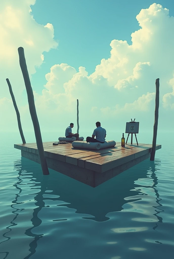 Make the image of a huge inverted table, with legs up, floating in the sea. The boards are in contact with the waves and the legs are pointing towards the sky.. This is what a raft looks like with four sticks standing at the corners. There are two men lying on bundles in that boat.. There is a bottle of whiskey and a painting easel