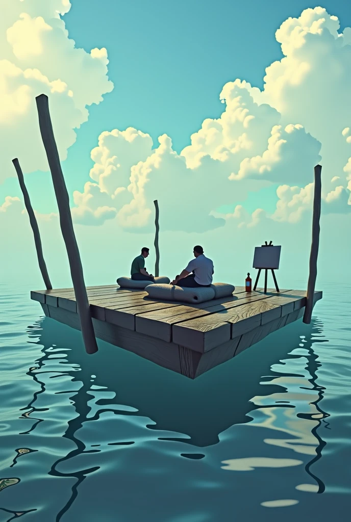 Make the image of a huge inverted table, with legs up, floating in the sea. The boards are in contact with the waves and the legs are pointing towards the sky.. This is what a raft looks like with four sticks standing at the corners. There are two men lying on bundles in that boat.. There is a bottle of whiskey and a painting easel