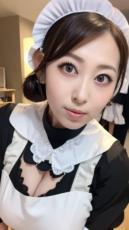 High resolution, masterpiece, accurate, Anatomically correct, One girl, solo, (Twin tails,), Large Breasts, Earrings, Pink eyes, Heterochromia, Droopy eyes, smug face, Face shot, (Maid Cosplay:1.4)、mascara、eye shadow
