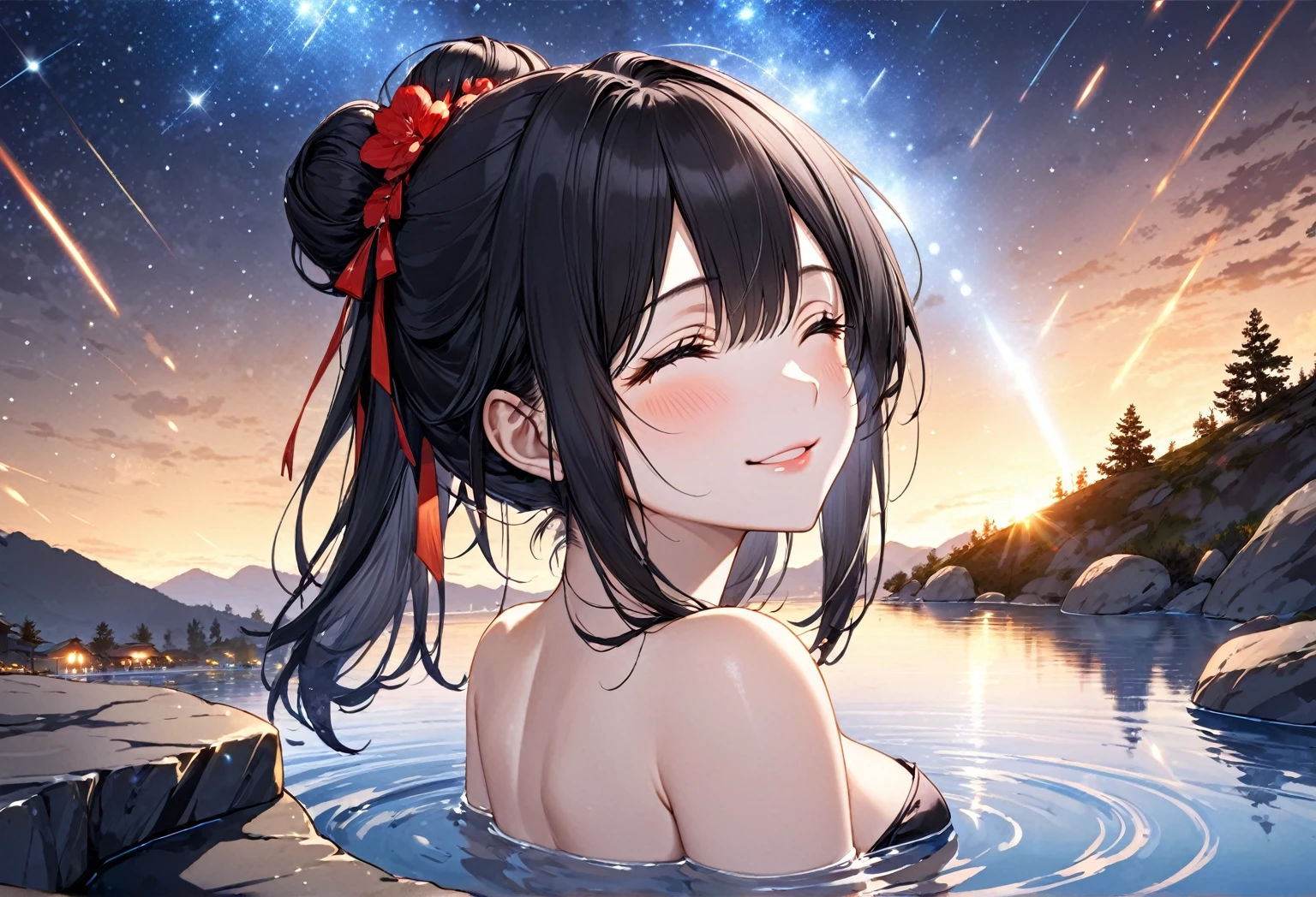 (Relax in natural hot springs style), (profile, solo:2, 18 yo), (looking up to sky), (beautiful detailed Bun Hair) (beautiful detailed black hair long hair), (immensely beautiful cool girl) (beautiful sexy closed eyes) (cute ecstasy smile) (glossy lip) (big tits), break, in the night open Vast bath of rock, background night Mountain Hot Springs and beautiful night sky of Meteor shower, BREAK, perfect anatomy, masterpiece, best quality, 16k, beautiful detailed night, daydreaming expression.