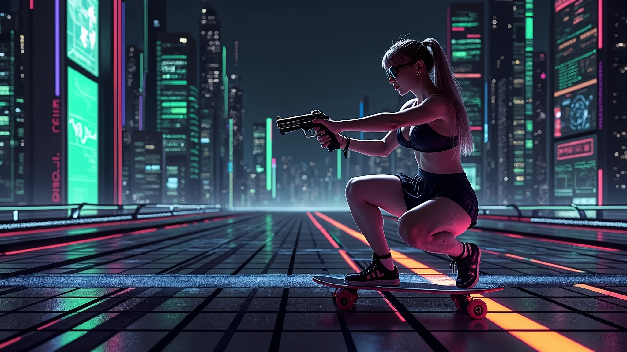 Matrix inspired futuristic cityscapes with colorful all-glass outlined towering skyscrapers with lightning, flying vehicle. High-resolution OLED GUI interfaces in the building, The windows are filled with transparent data visualization infographics that show it all, very close-up green glowing cascading code. Colors are saturated and vibrant. At night, (1 female assassin crouching on a skateboard, solo, alone), photorealistic, large-breast slim:0.6 body, oval:0.5 face, black mini bra, cleavage:1.1, deep-v, very low angle view of black pleated miniskirt, white panty, (upskirt), glove, (Matrix style black micro sunglasses), (aiming viewer with a short gun), dynamic skating pose, (full-body thigh level close-up:2.0 shot), cinematic lighting, ray tracing, motion blur background.