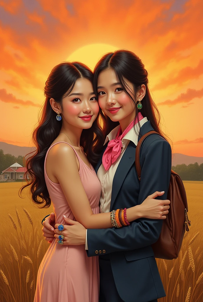 Painting of a woman and a full-length identical woman with a round, plump face, olhos amendoados, skin fair, reasonably large forehead and smiling, wearing a dress, a suit with a white formal vest and a pink scarf, colorful pumps, blue ring on hand, brown bracelet, orange bracelet on the arm, green ring on right hand with a backpack, hugging on a farm with wheat plantation with orange sunset.