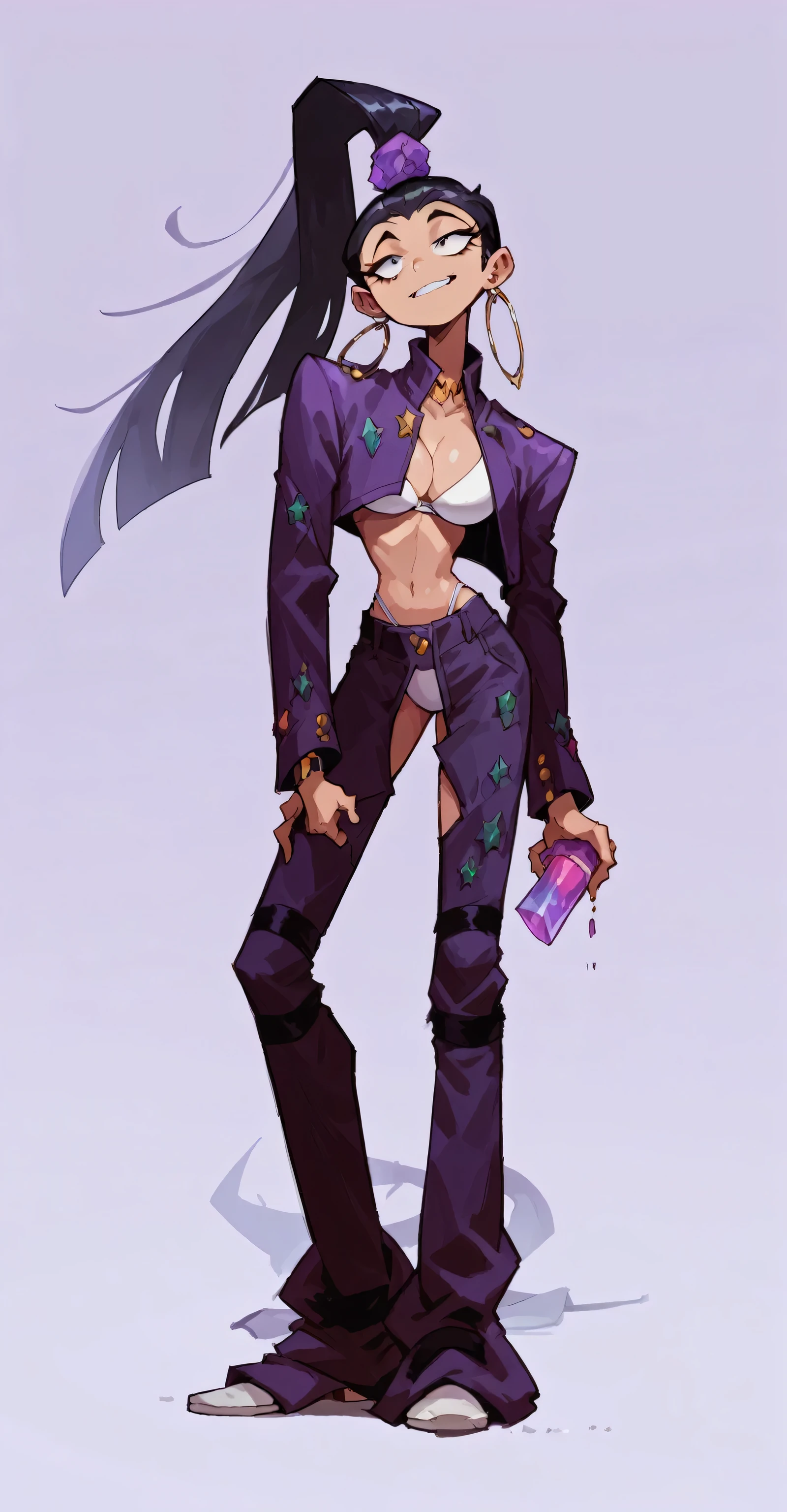 Masterpiece, best quality, Masterpiece, best quality, 1 woman , long black hair , sly face , white bikini , purple jacket , big breasts , abdomen