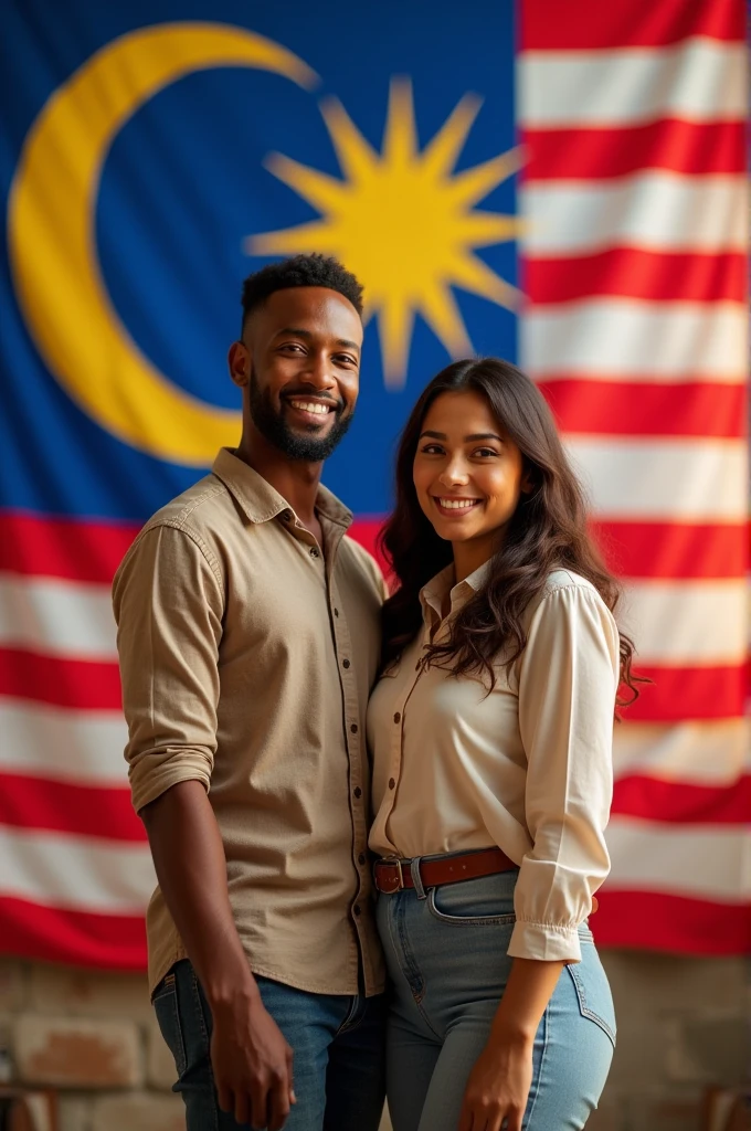 Man and woman multy racial standing infront malaysia flag