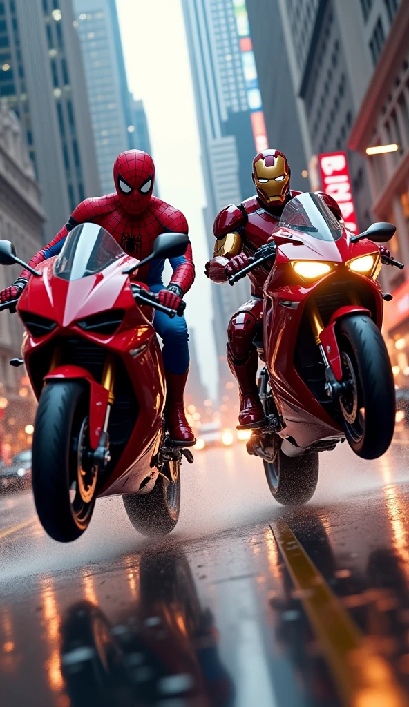 Spiderman vs Ironman popping wheelies on sport bikes side by side