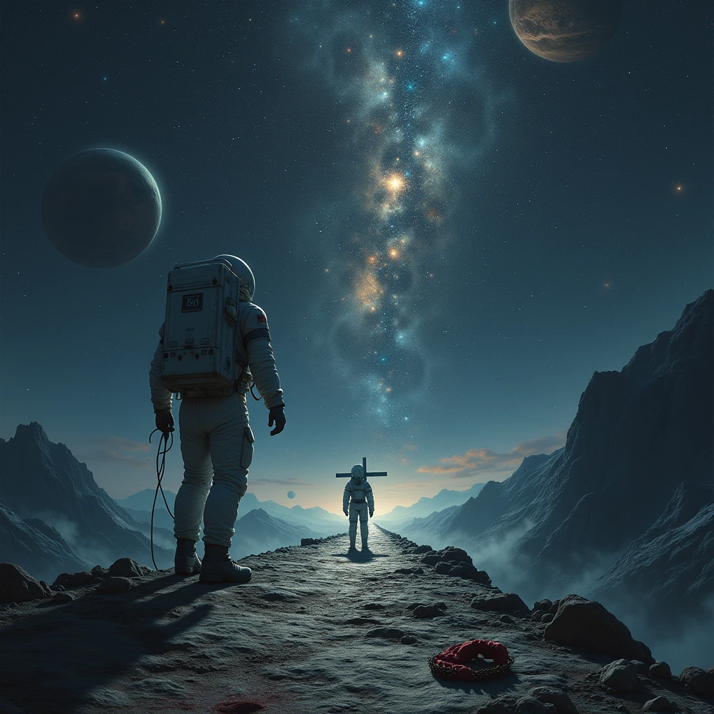 in outer space , planets , constellations , galaxies, planets 

Un camino largo , rocky and dangerous A cross at the end of the road A crown of thorns and a garment lying on the ground A small blood mark An astronaut 