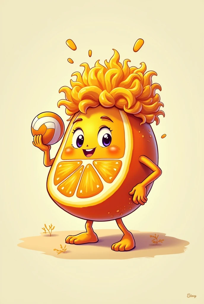 A fruit that is half an orange that has curly hair that has a title like Caesar juice for an icon with a volleyball