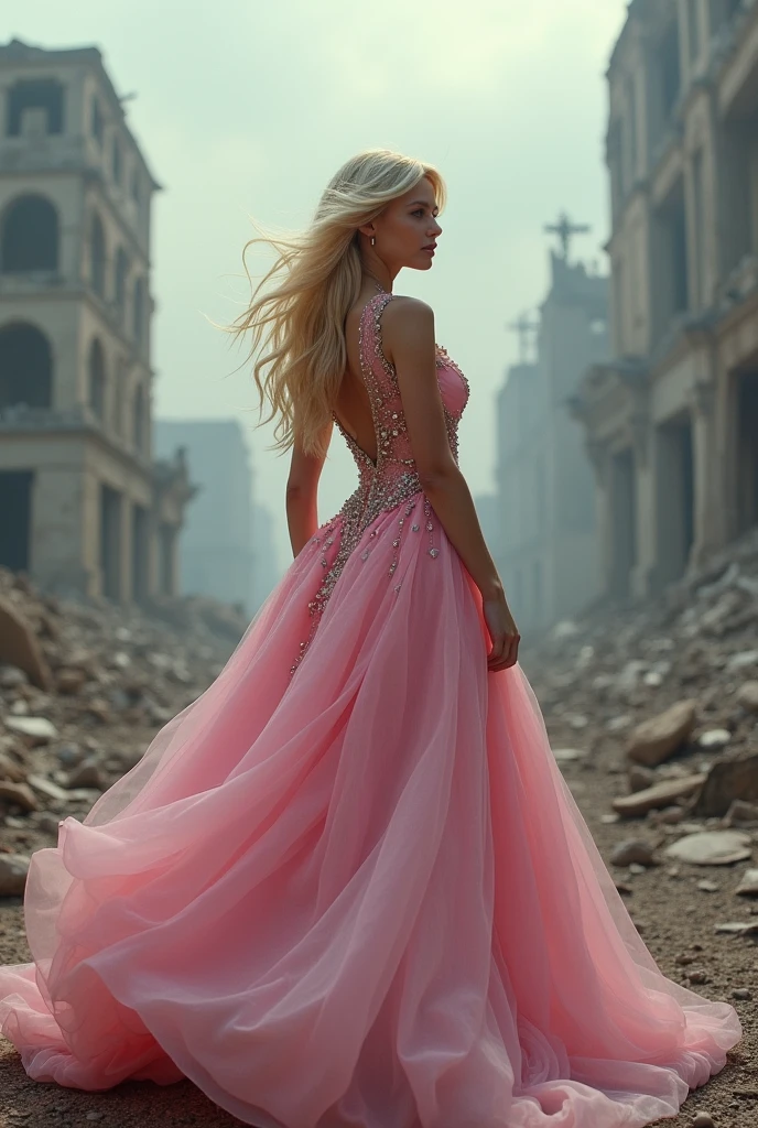 A blonde woman, long pink dress, princesa peach, In an apocalyptic scenario, ((high qualiy))