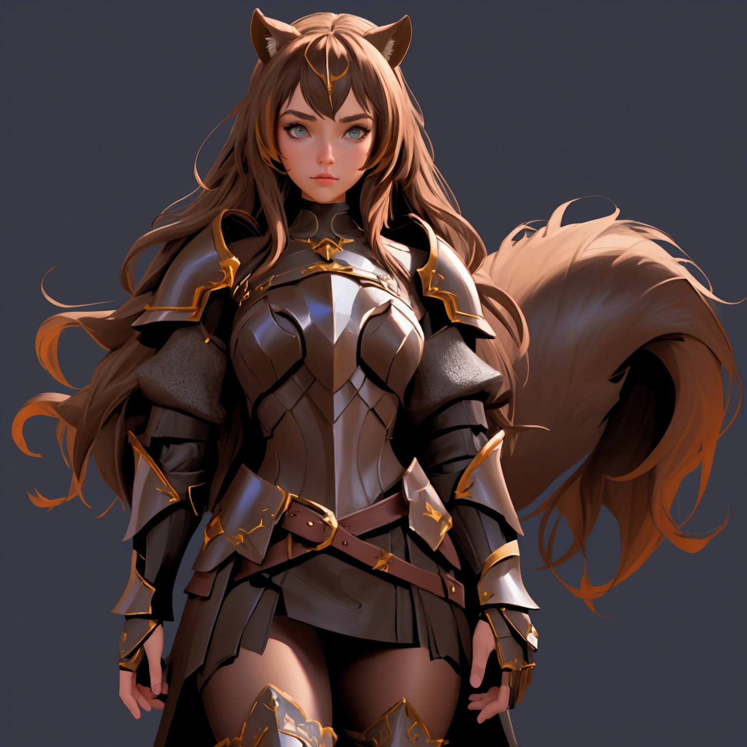 envision a 8k, highres, cinematic, beautiful full body concept art character design sheet of a girl with pretty mature features with brown hair, animal ears, leather armor, fantasy armor, jrpg inspired armor, tail, in dark lighting, against a dark gray background