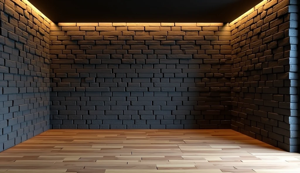 a empty room with black brick wall with warm ambient lighting and wooden floor