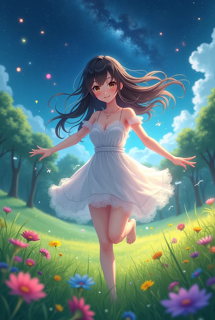 (masterpiece、Highest quality、8k、High resolution)、1 female、Beautiful eyes with slit length、Cute lips、Beautiful Nose、Brownish black hair、smile、(Best anime girl)、Green grassland with forest view、Walking,(Barefoot, flying, running, high, high),Colorful flowers blooming in the field,A bright night with the stars clearly visible、milky way、Mysterious light particles from the whole body、Colorful light particles、jewelry、necklace、White lace dress、(Beautiful full body style)、Highly detailed anime art、A complete portrayal、