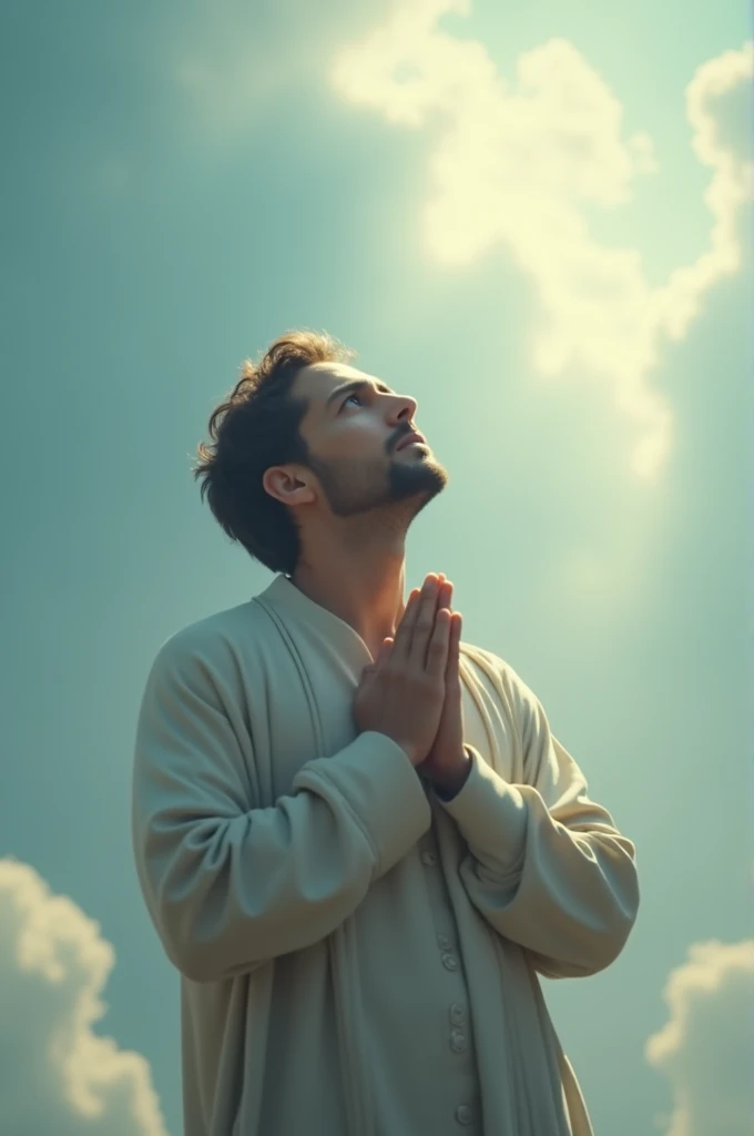 Image of a person in prayer, looking at the sky or holding their hands in a sign of supplication. Use an expression of seeking or hoping.