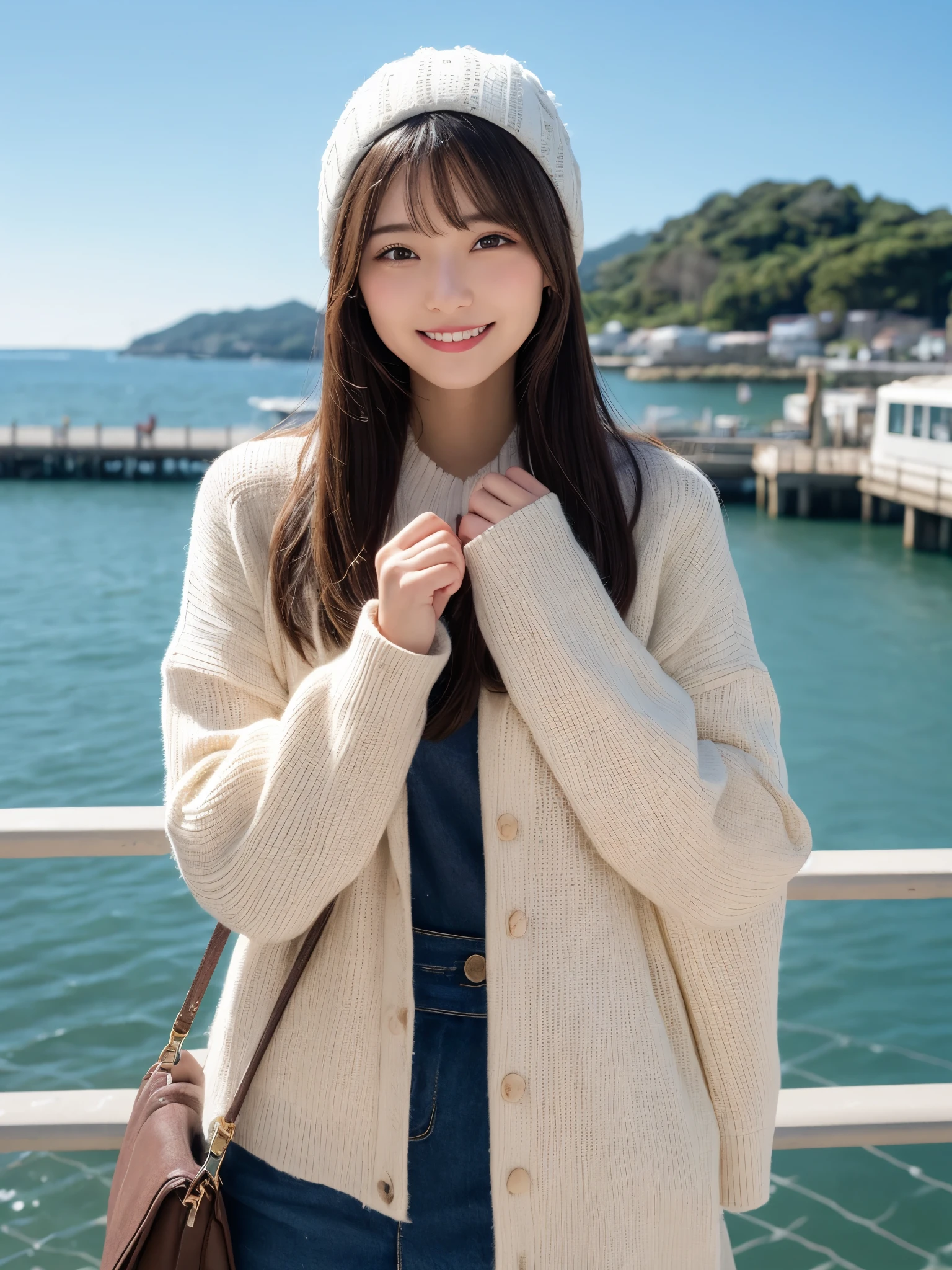 1girl, solo, highres, best_quality, masterpiece, detailed_background, intricate_details, beautiful, sendai, matsushima_bay, nature_view, ocean_view, winter_clothes, casual_clothes, smile, looking_at_viewer, dynamic_pose, natural_pose, candid, happy