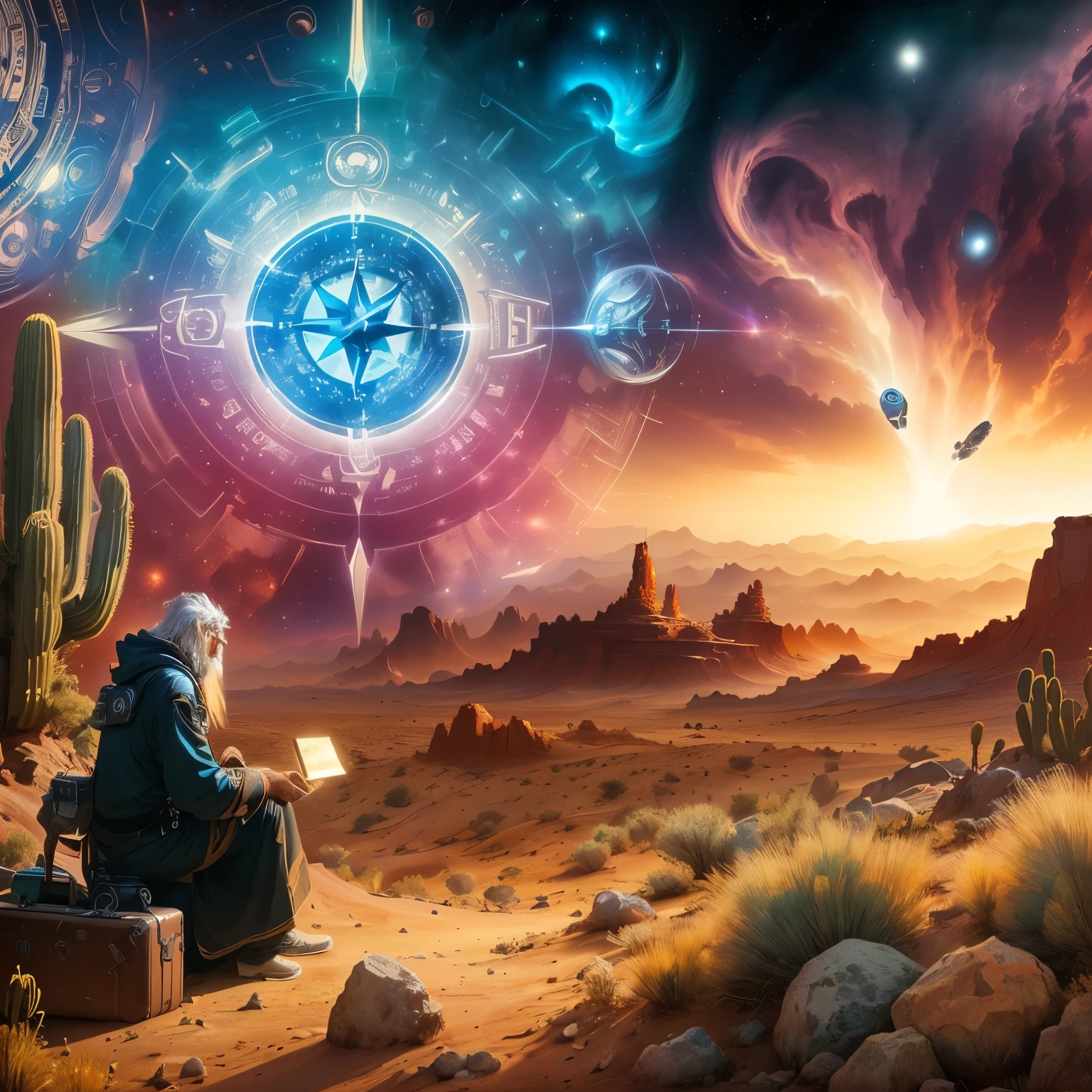 A man with a compass sitting on a suitcase in the desert, Science fantasy painting, Mysterious and New Age Symbol, Mysterious Space Envoy, Highly detailed digital art in 4K, inspired By Jofra Bosschaat, Ancient SF art, beeple and jean giraud, Epic fantasy sci-fi illustration, By Jofra Bosschaat, epic scifi fantasy art, Mysterious setting,Image size 1280 x 720