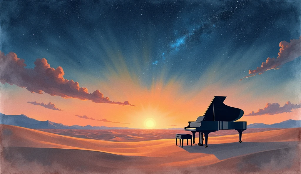 This image is、It depicts a scene in the desert with a grand piano and a bench.。The piano has a classic design.、It has a distinctive black glossy surface.。The bench is also black.、Located in front of the piano。

In the background is a vast expanse of sky.、The warm orange of the sunset can be seen near the horizon。The sky is slowly々It gets dark、The stars begin to shine、Further up, you can see the formation of galaxies。This change in the sky、It represents the transition from day to night.、Highlights the beauty of nature。

This scene、It creates a fantastic atmosphere where nature and human creations blend together.。The piano being placed in an unexpected location, the desert,、Visually stunning and beautiful。Realistic watercolor style