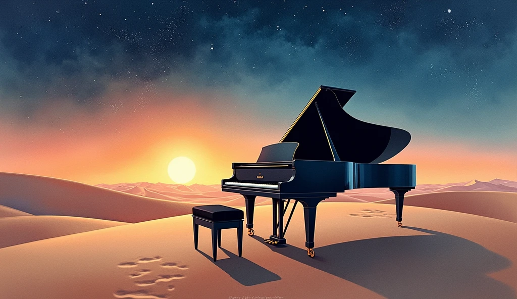 This image is、It depicts a scene in the desert with a grand piano and a bench.。The piano has a classic design.、It has a distinctive black glossy surface.。The bench is also black.、Located in front of the piano。

In the background is a vast expanse of sky.、The warm orange of the sunset can be seen near the horizon。The sky is slowly々It gets dark、The stars begin to shine、Further up, you can see the formation of galaxies。This change in the sky、It represents the transition from day to night.、Highlights the beauty of nature。

This scene、It creates a fantastic atmosphere where nature and human creations blend together.。The piano being placed in an unexpected location, the desert,、Visually stunning and beautiful。Realistic watercolor style