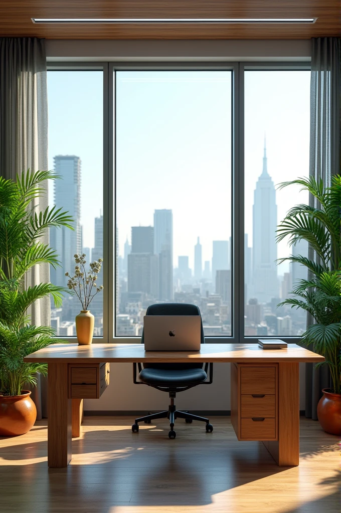 Description : Un bureau spacieux et moderne avec un grand bureau en bois, un ordinateur portable, des plantes d'intérieur, et une large fenêtre offrant une vue panoramique sur une ville. L'ambiance est lumineuse et productive.