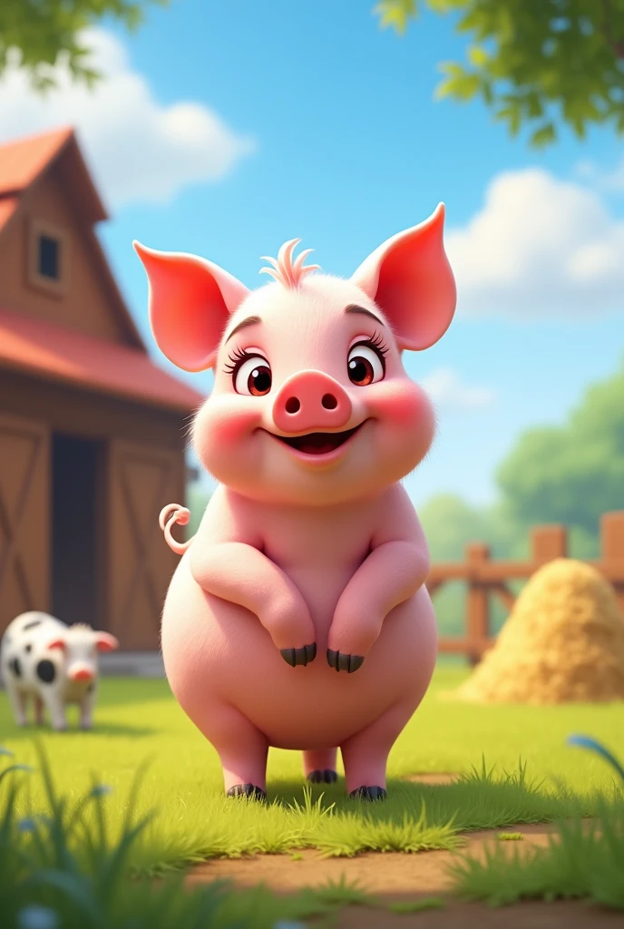 "Create a cartoon-style image in the style of Pixar, featuring a baby pink pig standing on its hind legs, looking directly at the camera with a cute and friendly expression. The background should be a charming farm setting, with a barn, fence, and a few haystacks. The overall mood should be bright, cheerful, and suitable for a children's animation."

Additional details:

Art style: Pixar-inspired, vibrant colors, and detailed.
The pig should have big, expressive eyes and a slight smile.
Include details in the farm setting, like a blue sky, some green grass, and farm animals in the background.
Lighting should be soft and warm, evoking a sunny day on the farm.