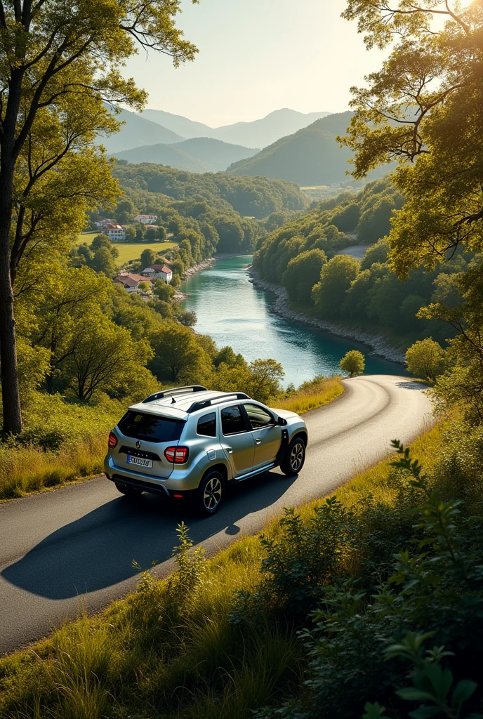 A silver Renault Duster on a road full of curves and beautiful trees. Close-up aerial image, allowing you to see the bottom of a river and some country houses.