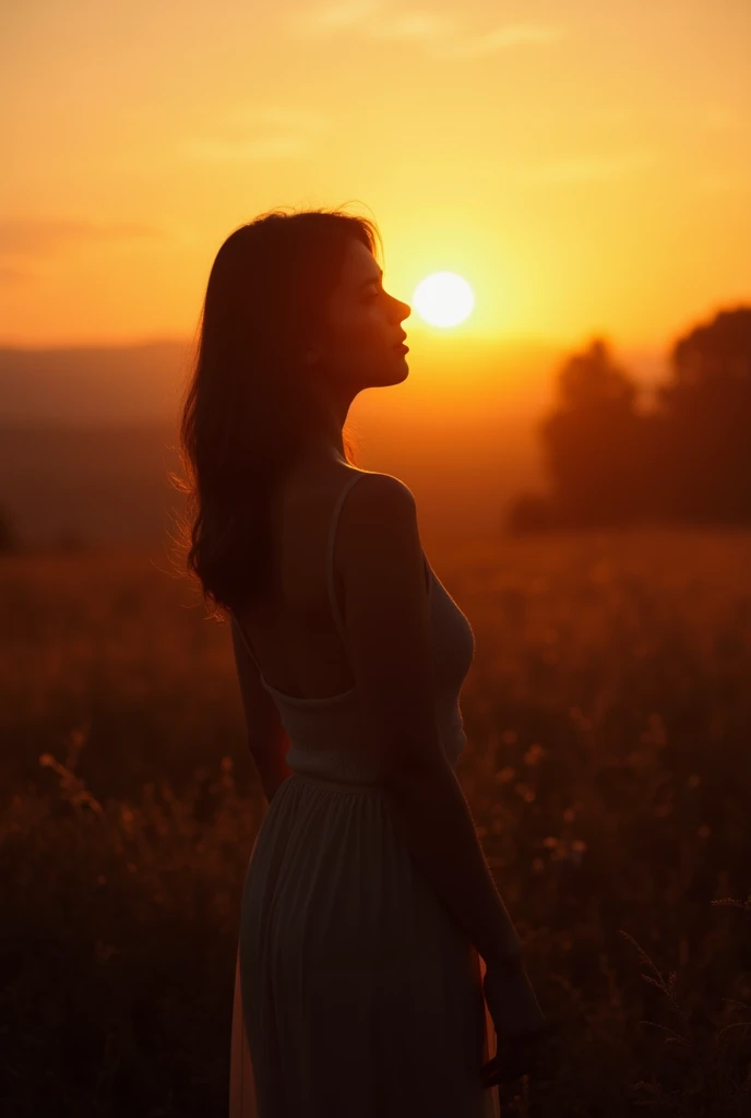 a woman with her back turned in a field with the sun setting behind her, soft golden hour lighting, at golden hour, soft golden light, in the golden hour, ( golden hour ), (golden hour), soft light from the side, in a soft dreamy light at sunset, shot at golden hour, golden hour look, golden hour light, golden hour, at the golden hour