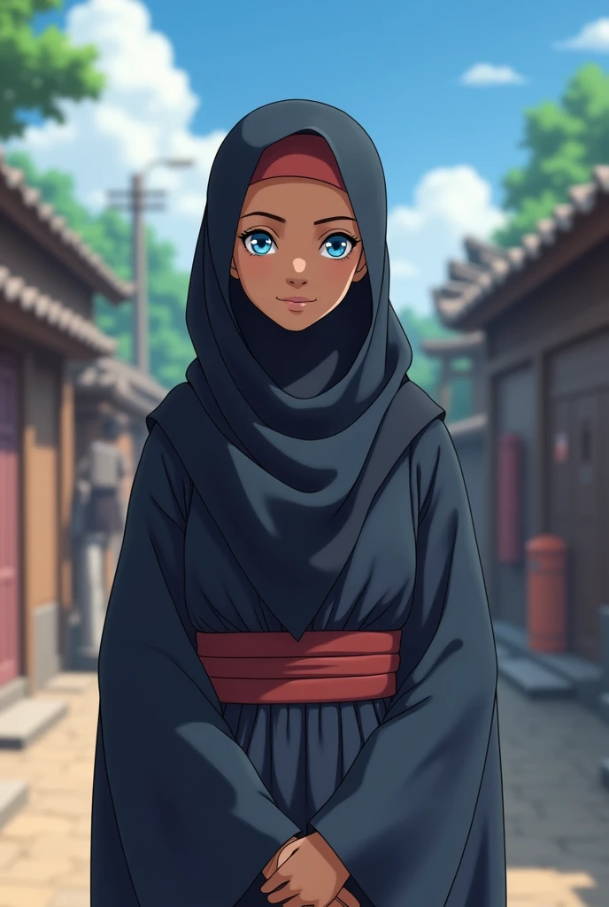 hijab arabe à Konoha dans l'univers de Naruto, il serait utile de préciser les détails  le style du hijab arabe, elle doit gardé les main le long du corps en souriant legerement, sans oublier que sa peau est noir et en face de la camera avec des yeux bleu comme veux de satoru gojo et prend ton temps surtout les yeux bleu et elle a  elle est metisse entre un blanc et une noir