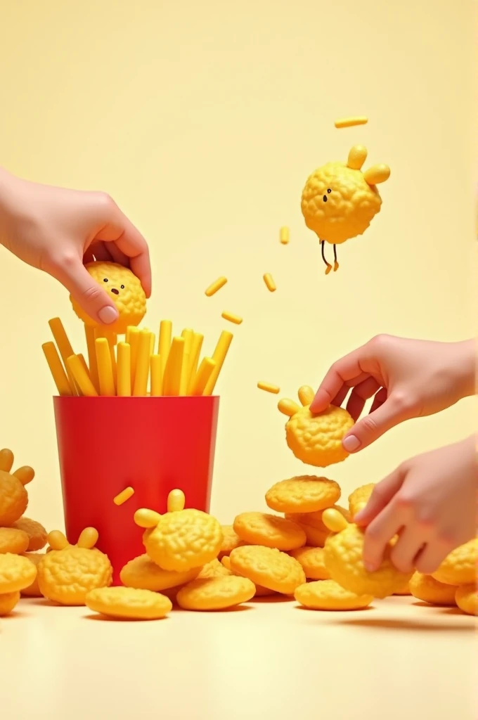 An animated image where there are French fries, hands, Fried plantains chips that look like animals with little ears, tails