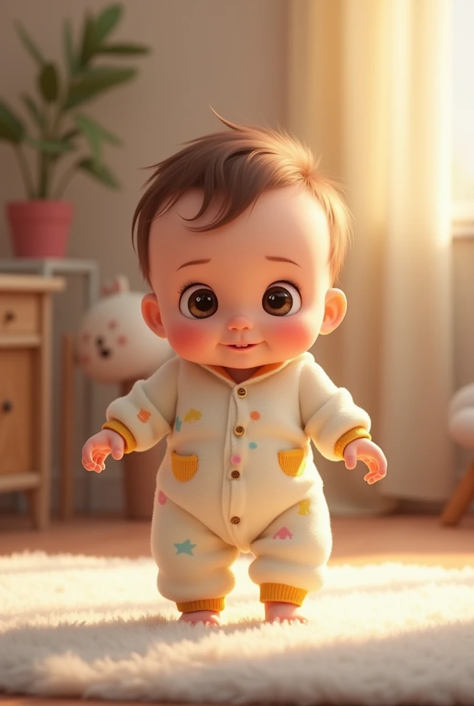 A baby standing up wearing a cute onesie