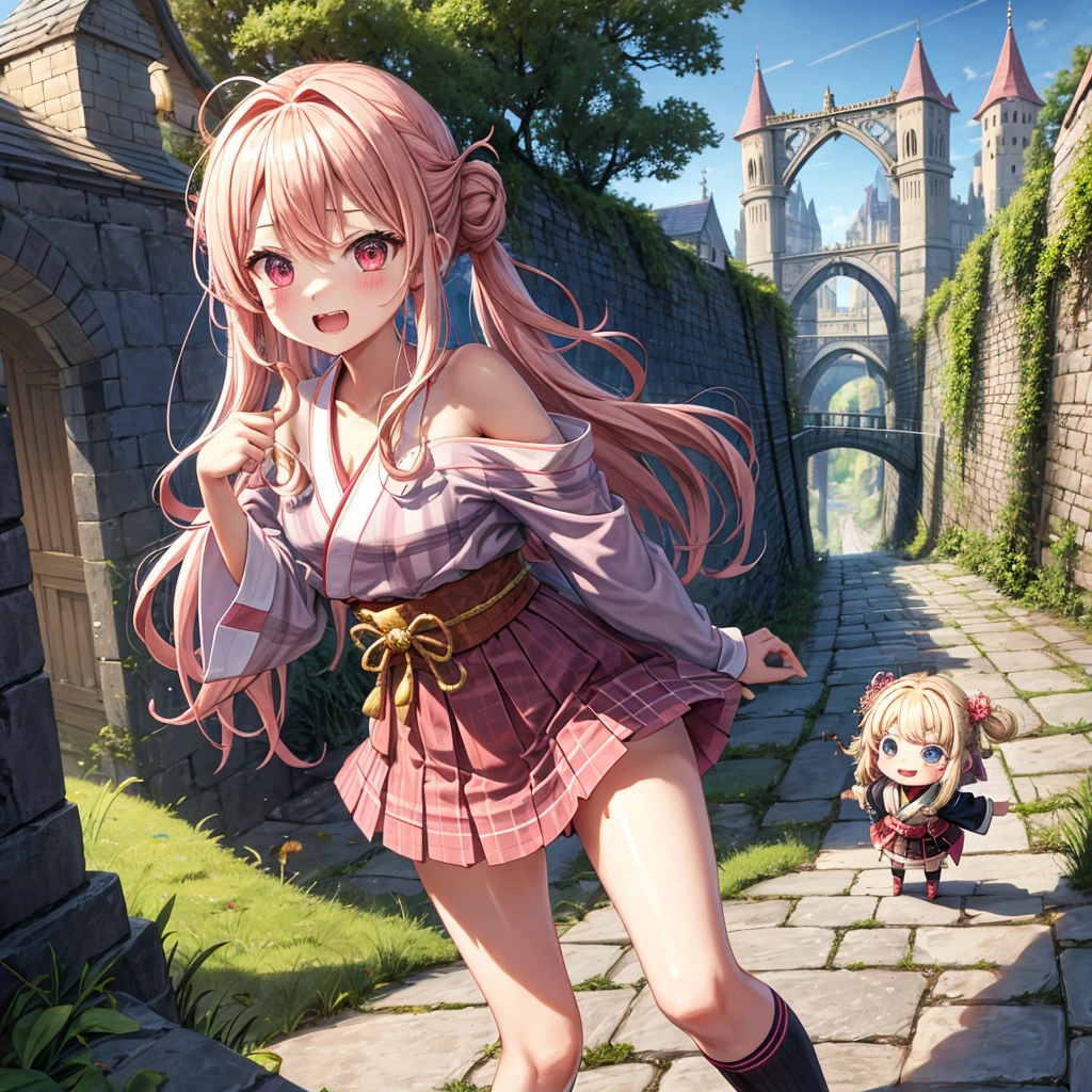 Pink Blonde、Red eyes、Wavy Hair、Hair tied up、Two cute、Checked mini skirt、kimono、Light clothing、Shoulders stick out、Black underwear、Black knee-high socks、Teeth are visible、Monster Castle、Tilting face、grass、In front of the city gates、Underground tunnels、Iron suspension bridge、The stone is cracked、Giant wood、Uneven ground、Holding a sword、Cobblestones、The light is pouring down、Stone Wall、The road is curved