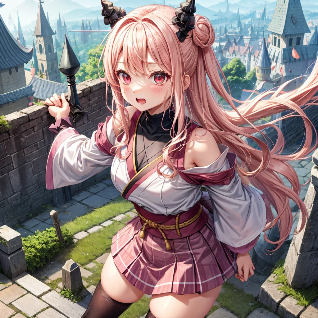 Pink Blonde、Red eyes、Wavy Hair、Hair tied up、Two cute、Checked mini skirt、kimono、Light clothing、Shoulders stick out、Black underwear、Black knee-high socks、Teeth are visible、Monster Castle、Tilting face、grass、In front of the city gates、Underground tunnels、Iron suspension bridge、The stone is cracked、Giant wood、Uneven ground、Holding a sword、Cobblestones、The light is pouring down、Stone Wall、The road is curved