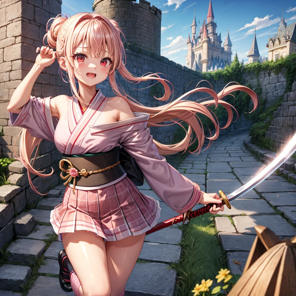 Pink Blonde、Red eyes、Wavy Hair、Hair tied up、Two cute、Checked mini skirt、kimono、Light clothing、Shoulders stick out、Black underwear、Black knee-high socks、Teeth are visible、Monster Castle、Tilting face、grass、In front of the city gates、Underground tunnels、Iron suspension bridge、The stone is cracked、Giant wood、Uneven ground、Holding a sword、Cobblestones、The light is pouring down、Stone Wall、The road is curved