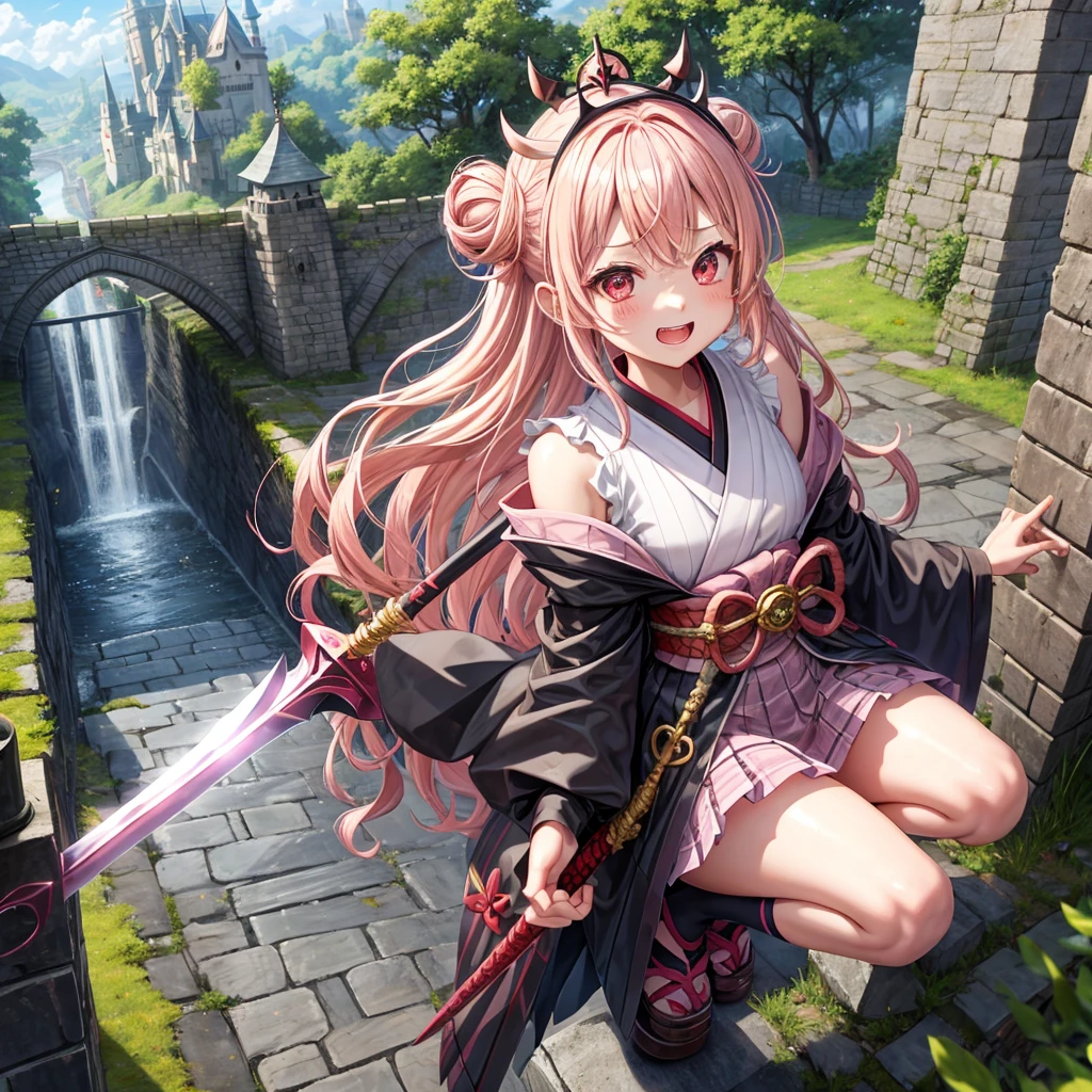 Pink Blonde、Red eyes、Wavy Hair、Hair tied up、Two cute、Checked mini skirt、kimono、Light clothing、Shoulders stick out、Black underwear、Black knee-high socks、Teeth are visible、Monster Castle、Tilting face、grass、In front of the city gates、Underground tunnels、Iron suspension bridge、The stone is cracked、Giant wood、Uneven ground、Holding a sword、Cobblestones、The light is pouring down、Stone Wall、The road is curved