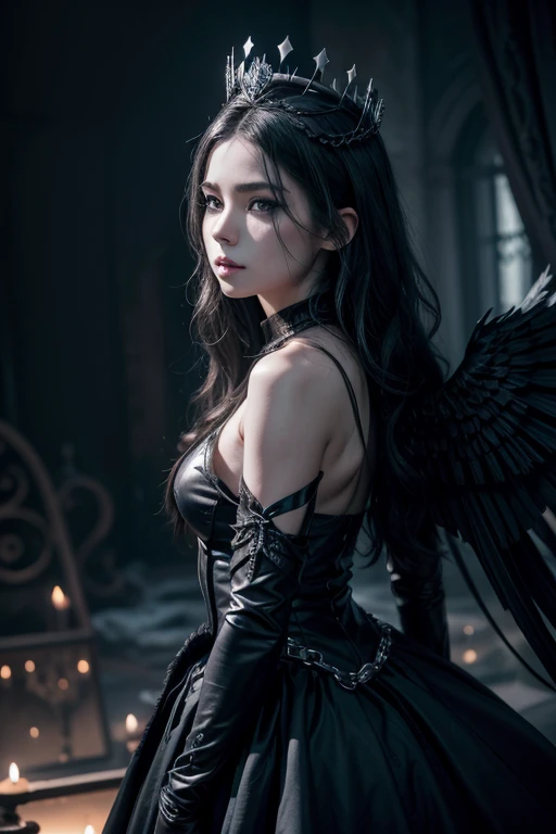 Fine matte painting, skeleton dark angel big wings haunted castle on drawing table full of knives, horror, spookiness, scary, secret horror, tentacles, vines, eyes, uncanny valley effect teeth, limbs, animals, blood moon,