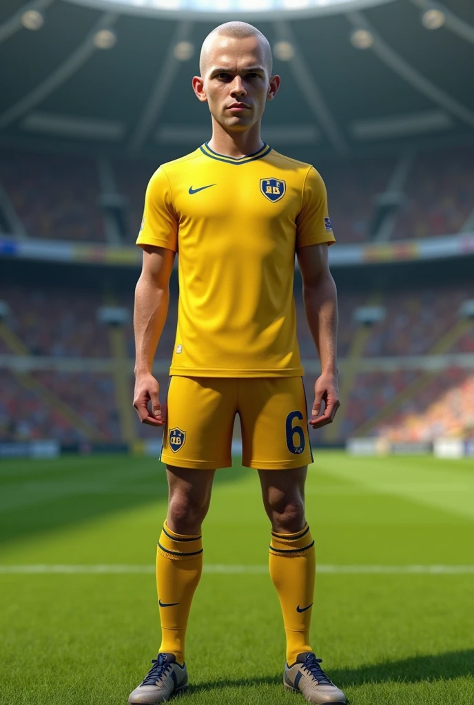 create a realistic image of a soccer player with a flathead on a soccer field dressed in yellow standing