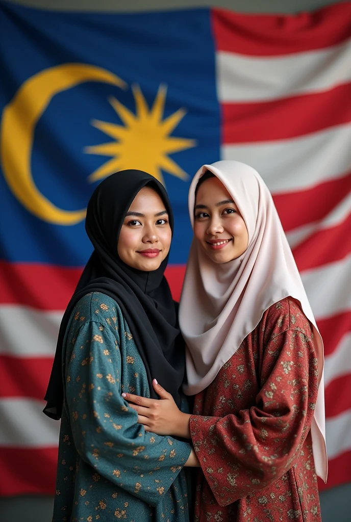 Man and woman wearing hijab multy racial standing infront malaysia flag