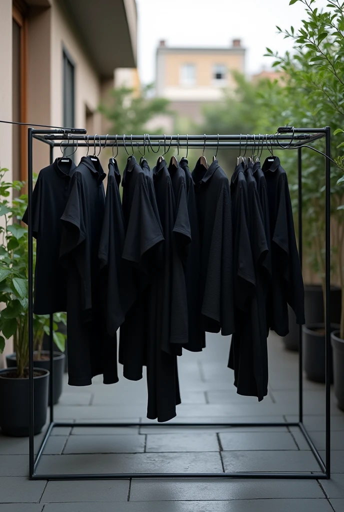 A portable clothesline with black clothes hanging on it