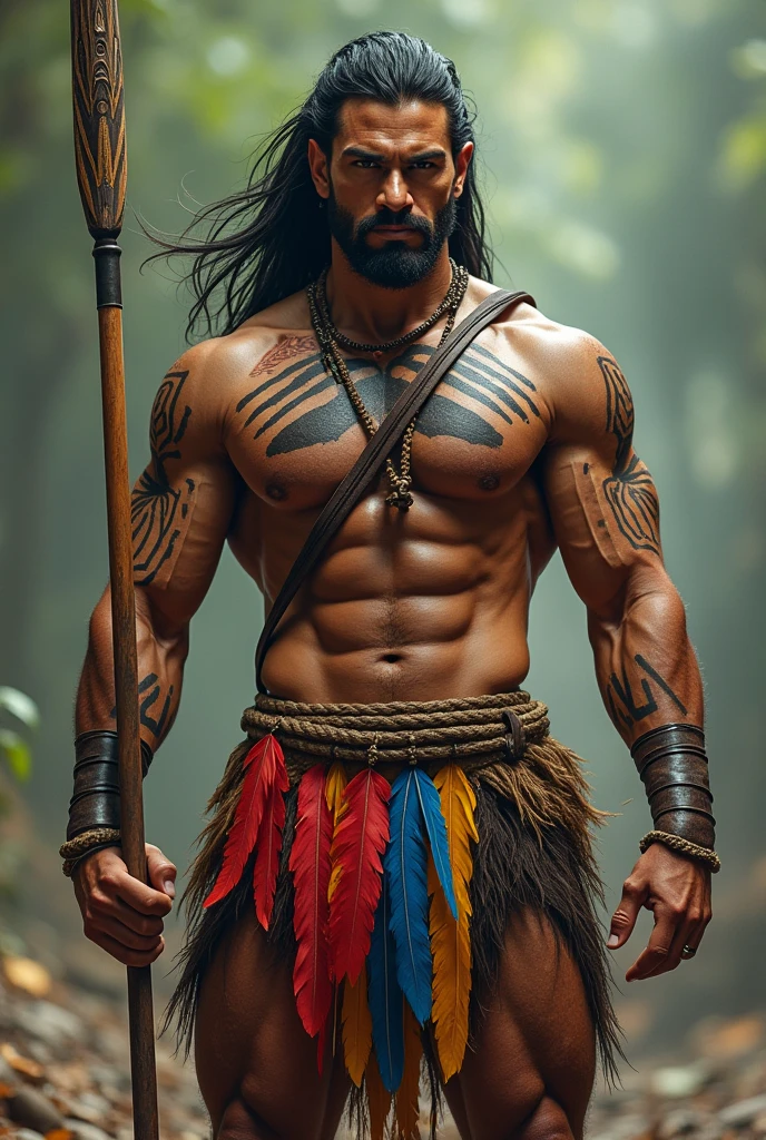 A full-body Brazilian Indian in a fighting stance with a spear in his left hand, black hair, no beard or mustache, body with graphics of parallel lines, a lip and ear plug, and clothes with red, blue and yellow feathers.