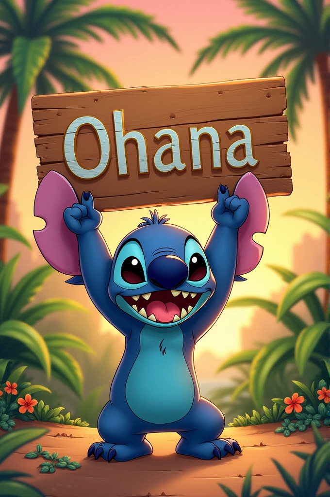 The character of Stitch with a sign in his hands with the word Ohana.