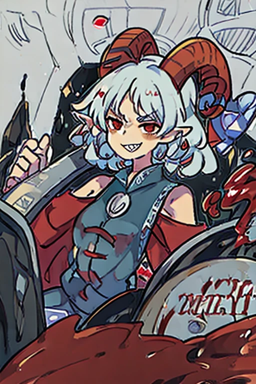 ((yuuma toutetsu)), (curved red horns, pointed ears), full body viev, holding a shovel, ((oil splattering)), very detailed face, ((evil smile)),