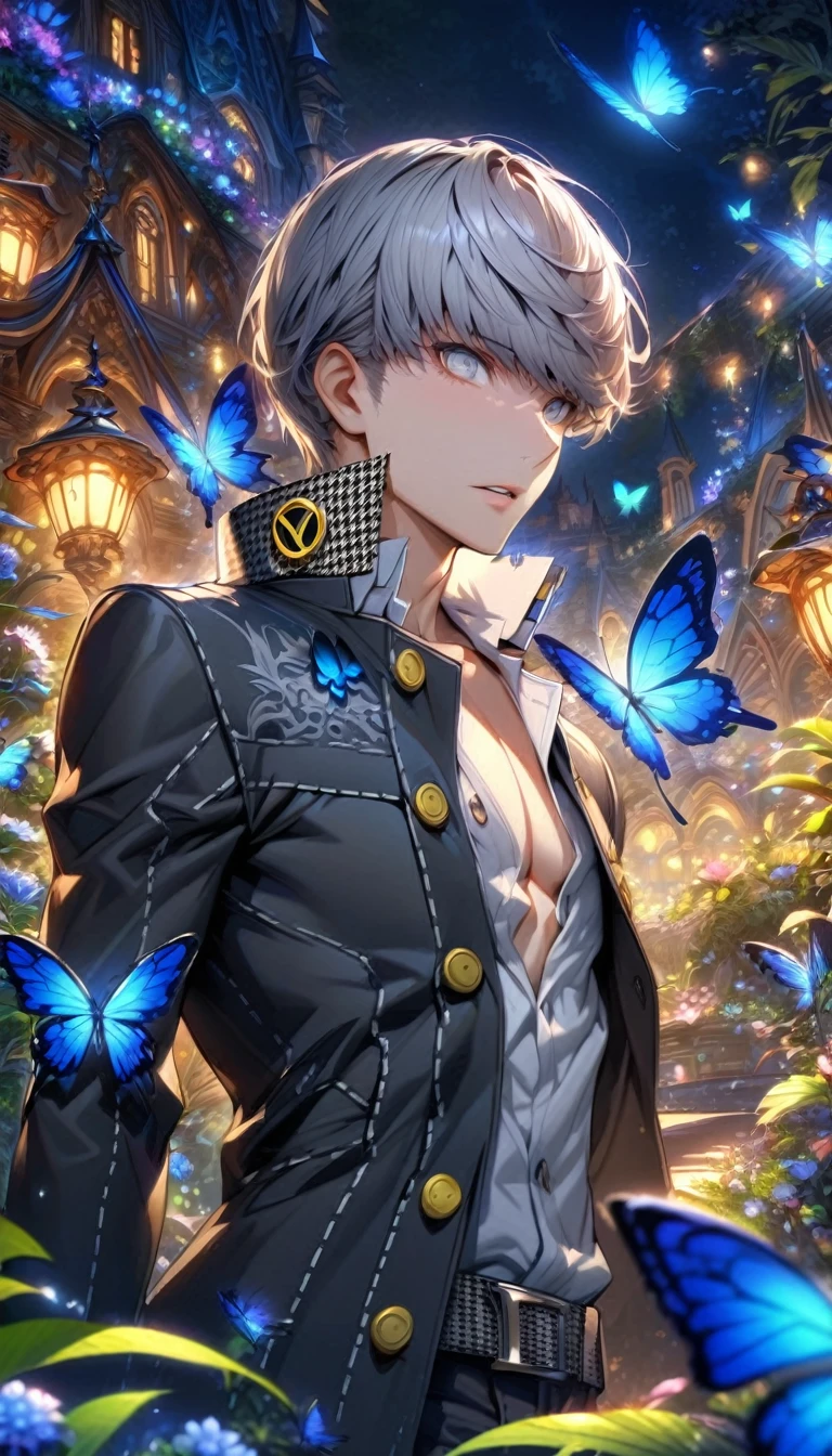 absurdres, highres, ultra detailed, HDR, masterpiece, extremely detailed, detailed eyes, Narukami Yu, gray hair, expressive gray eyes, persona 4, solo, sexy man, handsome, sensual, adult face, black coat, white shirt, fantasy, garden, blue shining moon, blue glittering butterflies, magical, fantasy, blue chrysanthemum, blue fireflies, water