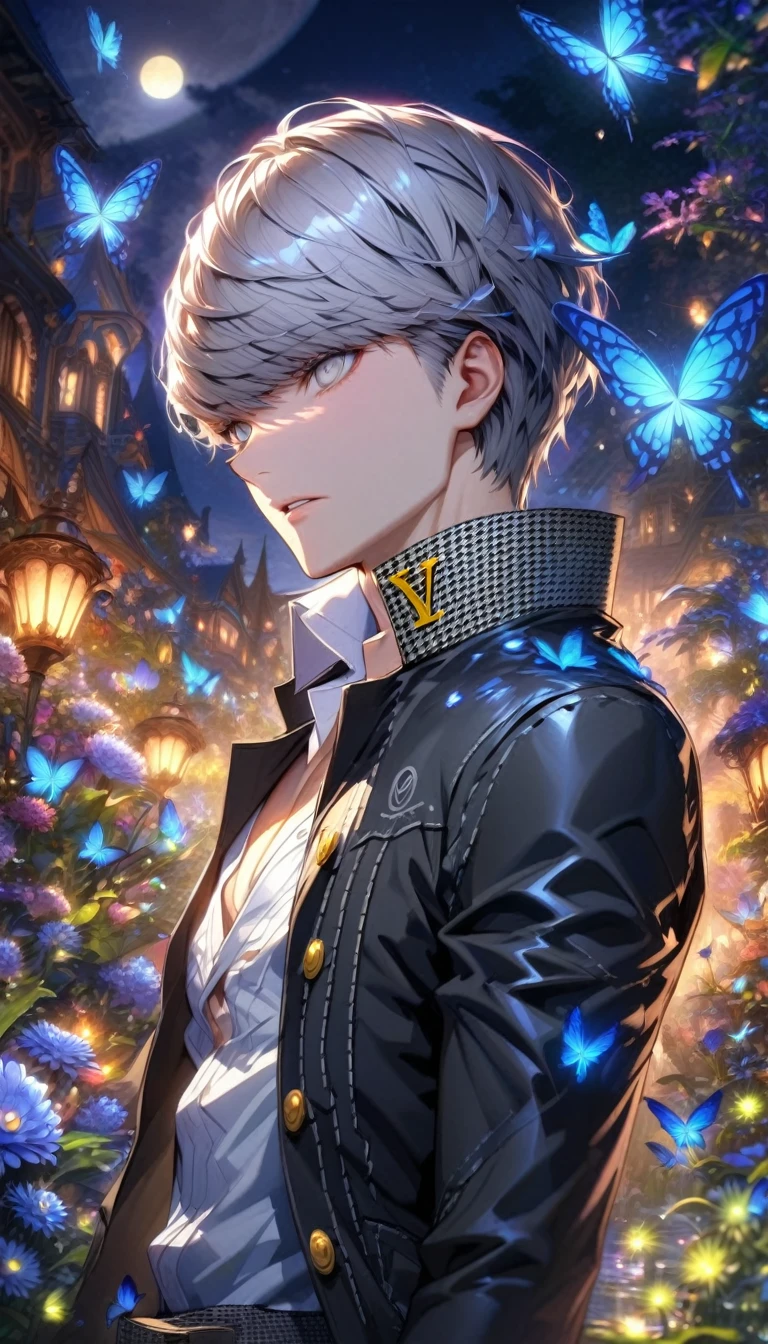 absurdres, highres, ultra detailed, HDR, masterpiece, extremely detailed, detailed eyes, Narukami Yu, gray hair, expressive gray eyes, persona 4, solo, sexy man, handsome, sensual, adult face, black coat, white shirt, fantasy, garden, blue shining moon, blue glittering butterflies, magical, fantasy, blue chrysanthemum, blue fireflies, water
