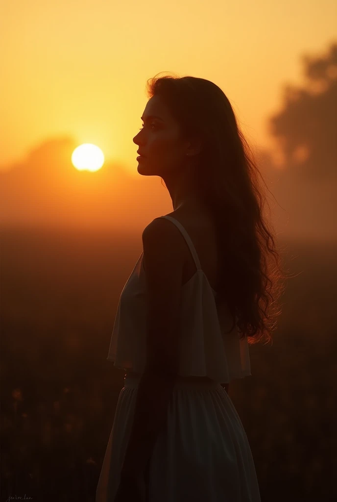 a woman with her back turned in a field with the sun setting behind her, soft golden hour lighting, at golden hour, soft golden light, in the golden hour, ( golden hour ), (golden hour), soft light from the side, in a soft dreamy light at sunset, shot at golden hour, golden hour look, golden hour light, golden hour, at the golden hour