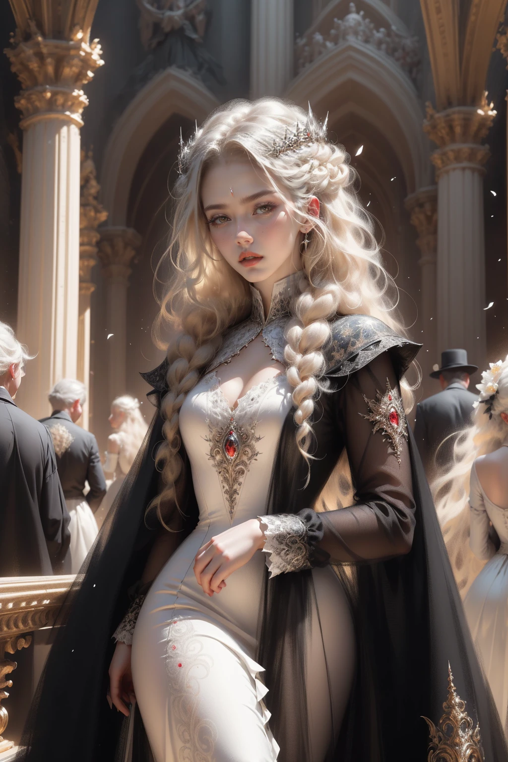 (Masterpiece - Ultra-detailed, very high resolution) Prepare to be enchanted by a true masterpiece that combines ultra-detailed art with high-resolution rendering. This work depicts a mesmerizing woman with very long blond hair (1.3) and captivating light blue eyes (1.2), emanating an aura of elegance and mystery in Victorian settings. The intricate details and realistic textures invite you to explore every aspect of this enchanting composition. Woman wearing beautiful classic Victorian costume from the year 1878. Red lips. Happy face. Smiling. (white dress:1.2). Walking,upper body, dynamic poses. Get ready to dive into a world where beauty and craftsmanship merge perfectly.