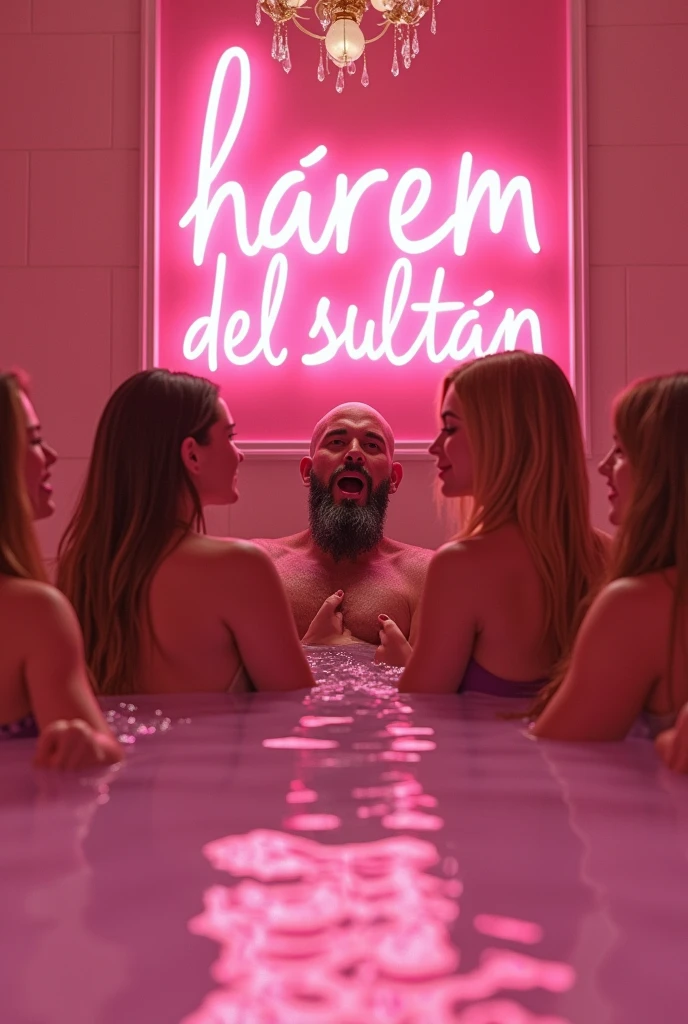 (photorealism:1.2), 6 extremely beautiful young harem girls, sexy nude, big breasts, Pretty perfect faces like kendall jenner and Margot Robbie and young Jennifer Connelly and young Brooke Shields, blonde and redhead straight hair, light skin, bathing and caressing a very thin skinny "UGLY " bald white boy with long black and grey untrimmed beard, (((open mouth with an extreme sexual pleasure expression on his face, moaning with extreme pleasure))), his head leaning back, in very large pink Jacuzzi pool in pink luxurious bathroom of pink palace, a beautiful pink sign "Harem del sultán" on the back wall, realistic, intricate details