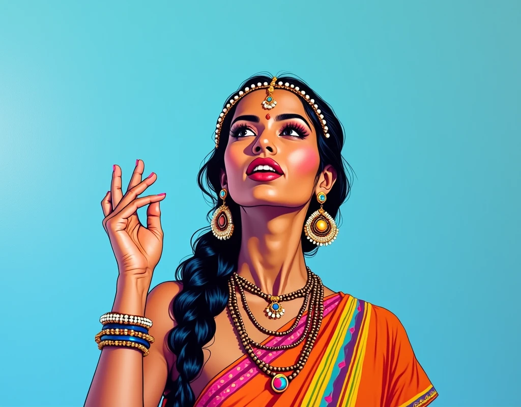 Portrait of a vibrant Indian tribal woman with medium breasts in traditional attire. Colorful painting in a poster color and acrylic colors on a white chart with bold outlines. The woman has dark hair in a braid, adorned with a beaded headband. She wears large ornate earrings, a necklace, and multiple bangles. Her clothing features bright stripes in various colors. The woman's face is tilted upward with an expressive pose, her hand raised gracefully. The background is a solid light blue color. Style: Modern pop art meets traditional Indian folk art, with vivid colors and simplified forms creating a striking, eye-catching composition, 