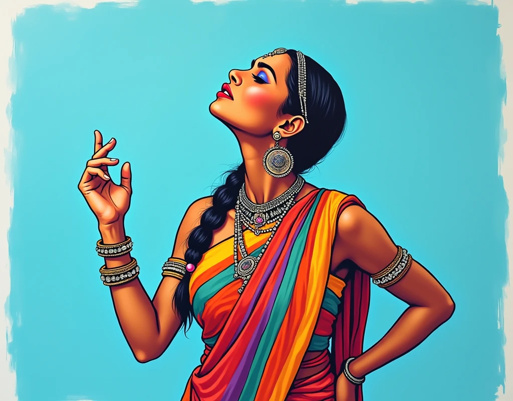 Portrait of a vibrant Indian tribal woman with medium breasts in traditional attire. Colorful painting in a poster color and acrylic colors on a white chart with bold outlines. The woman has dark hair in a braid, adorned with a beaded headband. She wears large ornate earrings, a necklace, and multiple bangles. Her clothing features bright stripes in various colors. The woman's face is tilted upward with an expressive pose, her hand raised gracefully. The background is a solid light blue color. Style: Modern pop art meets traditional Indian folk art, with vivid colors and simplified forms creating a striking, eye-catching composition, 